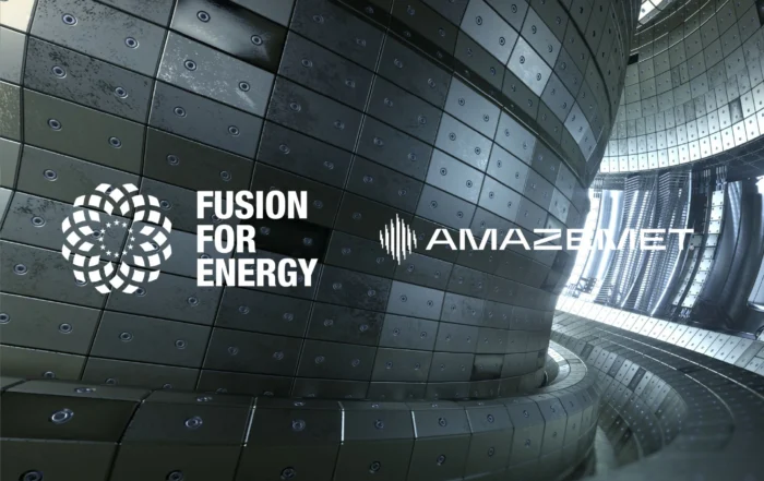 Fusion for Energy and AMAZEMET logos over a stylised illustration of a fusion reactor interior.