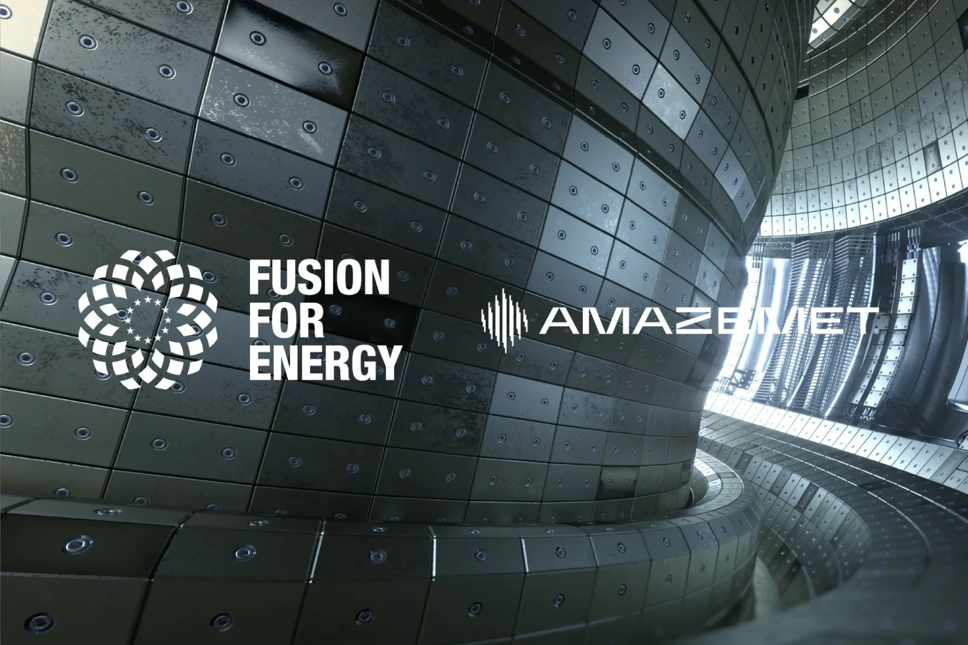 Fusion for Energy and AMAZEMET logos over a stylised illustration of a fusion reactor interior.